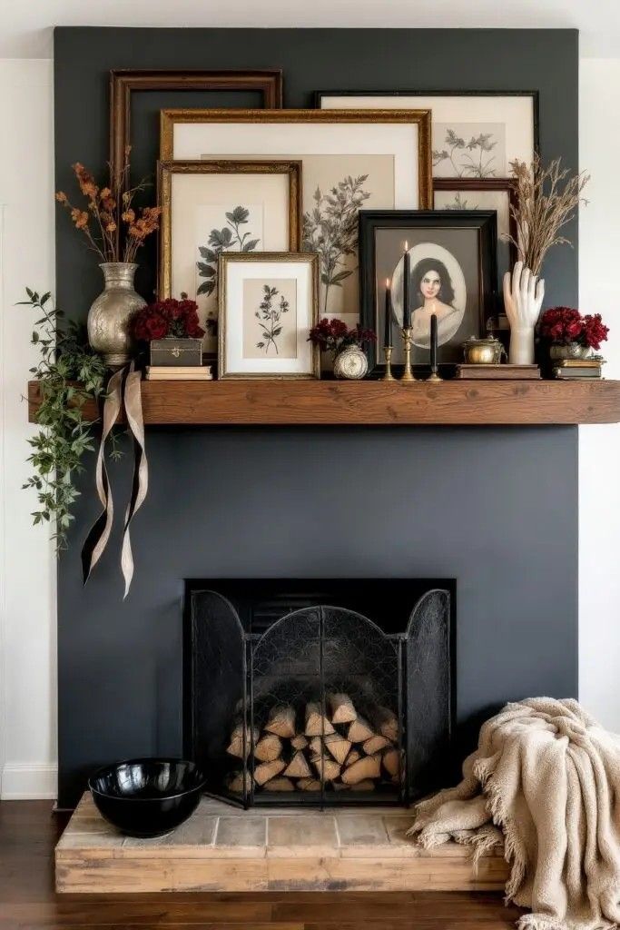 Dark charcoal wall behind a wood mantel styled with layered gilt frames, black taper candles, red flowers and a ceramic hand sculpture