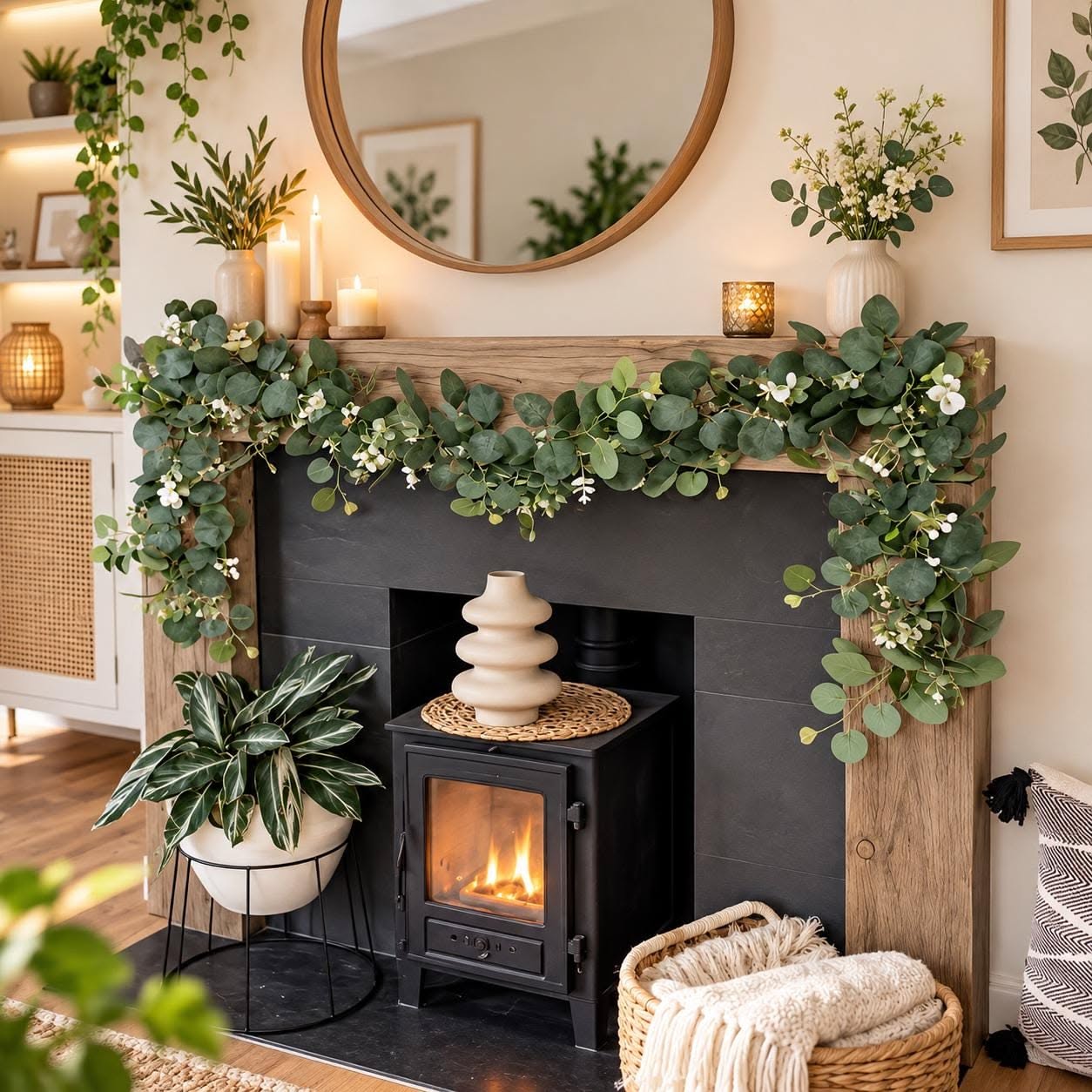 Long eucalyptus garland draping over a wood mantel and down a black stone fireplace surround, with candles, a round mirror and a sculptural vase