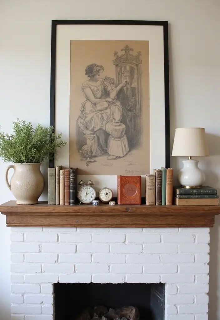 Large vintage-style framed illustration above a wood mantel with antique books, small clocks and a white ceramic lamp