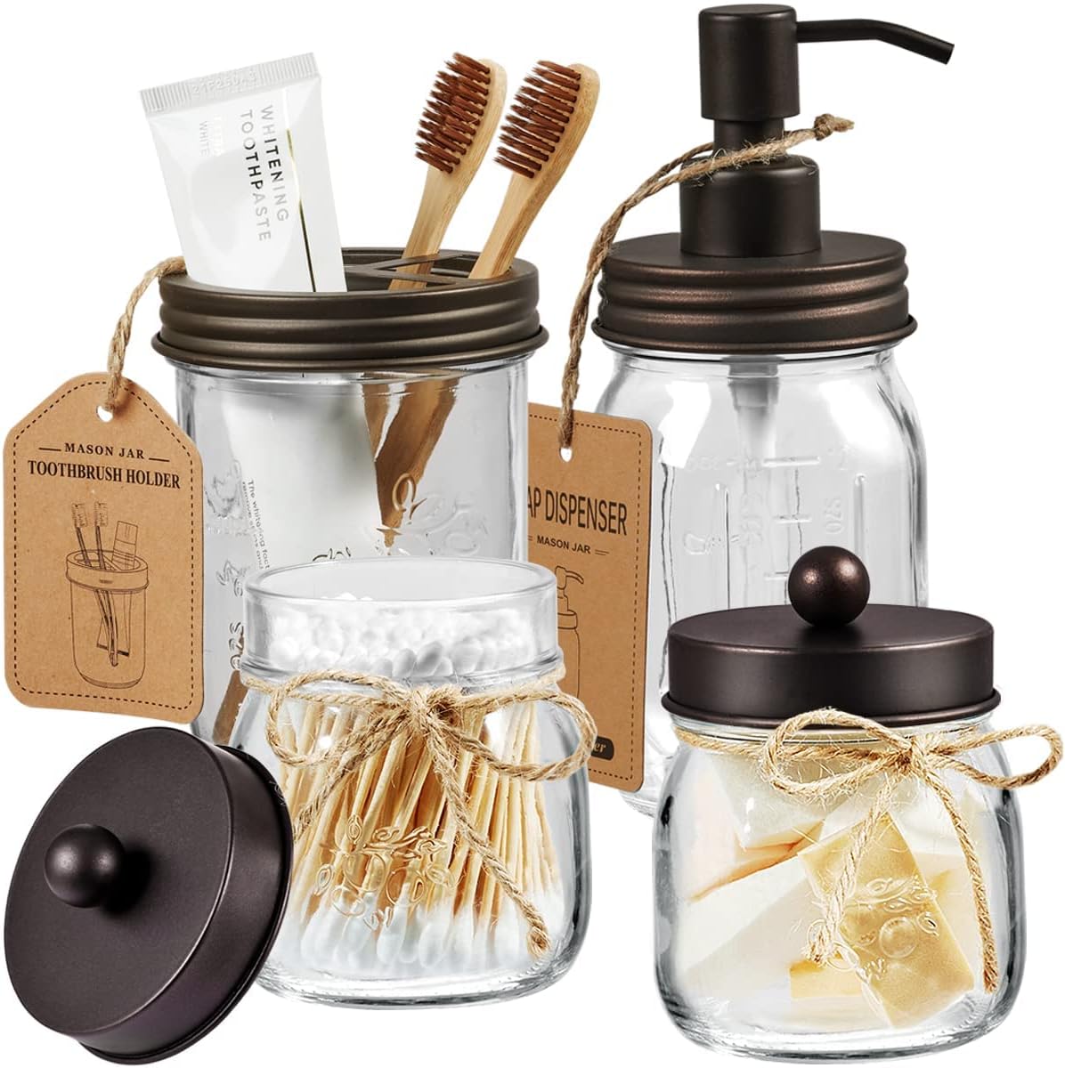 Amolliar Mason Jar Bathroom Accessories Set, 4Pcs Glass Bathroom Set, Bronze