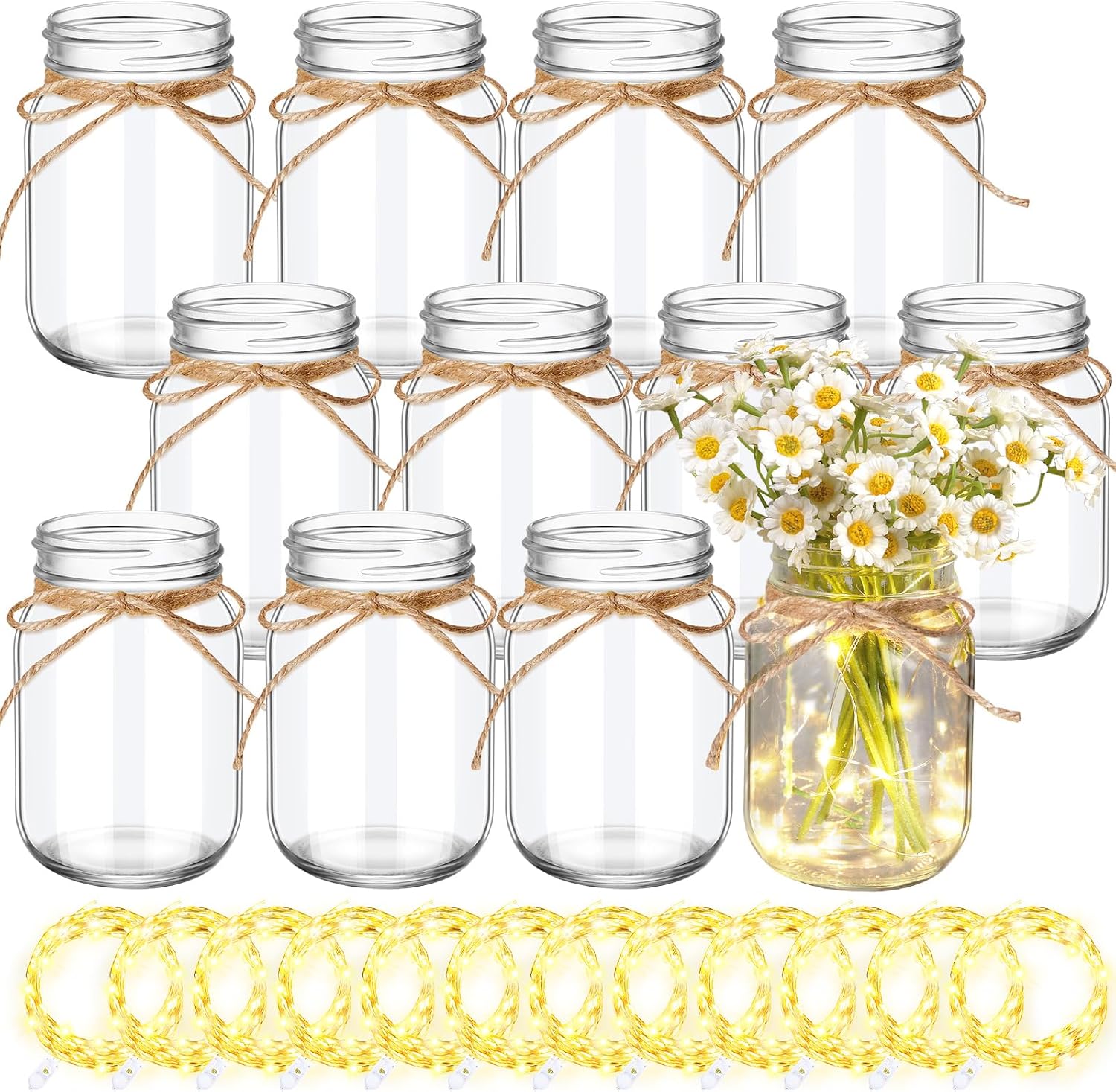 Chunful 12 Pcs Glass Mason Jar with Lights for Centerpiece, Warm Light