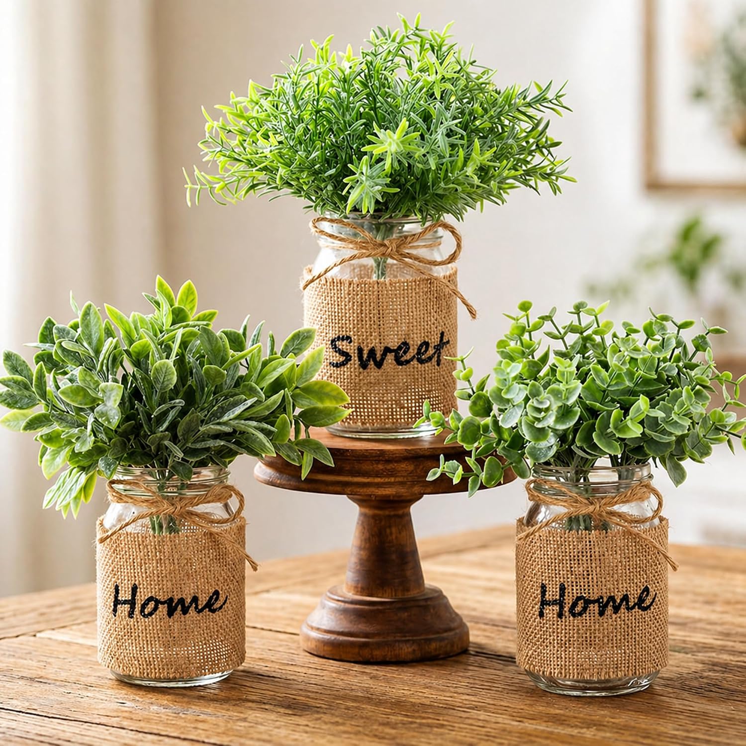 Suncalla 3 Pcs Spring Mason Jar Table Centerpiece, Farmhouse Rustic Burlap Vases