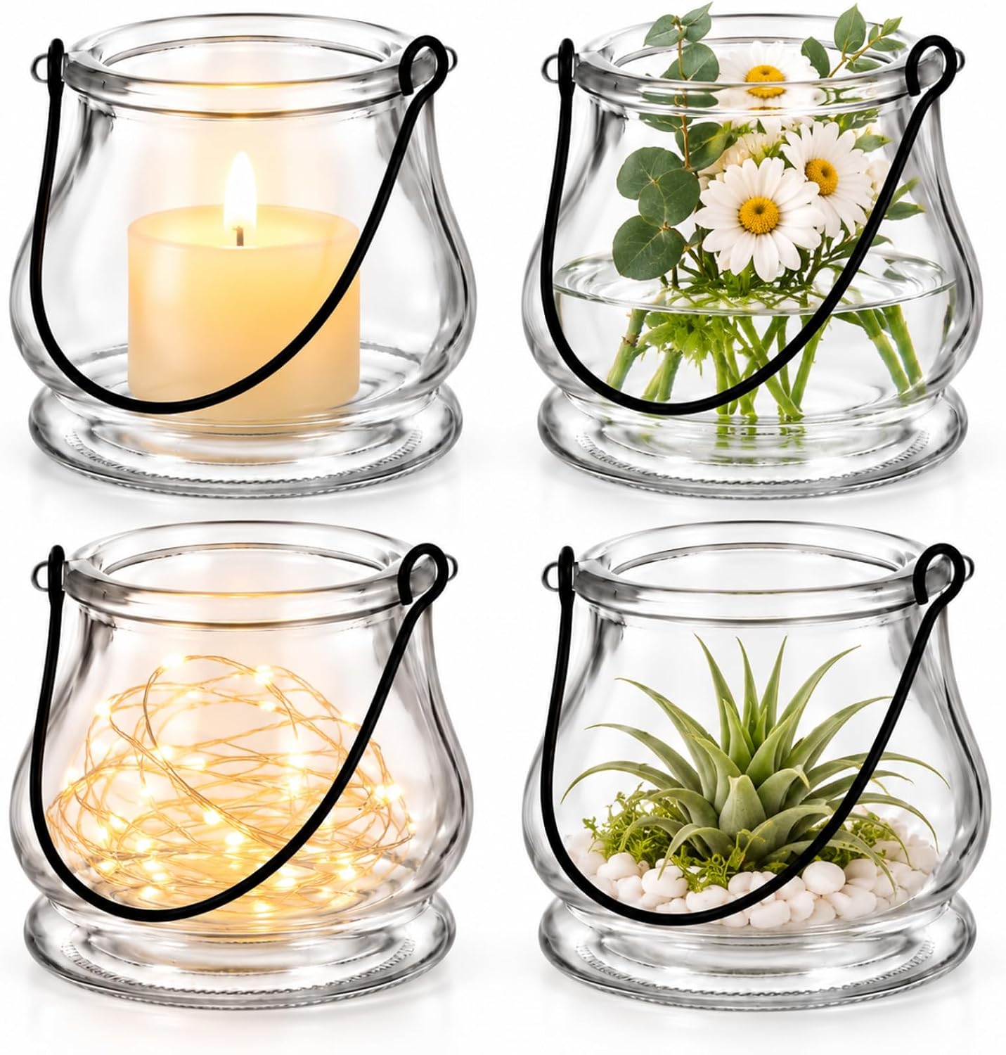Zerodeko 4 Pack Clear Glass Candle Holders with Handle for Standing