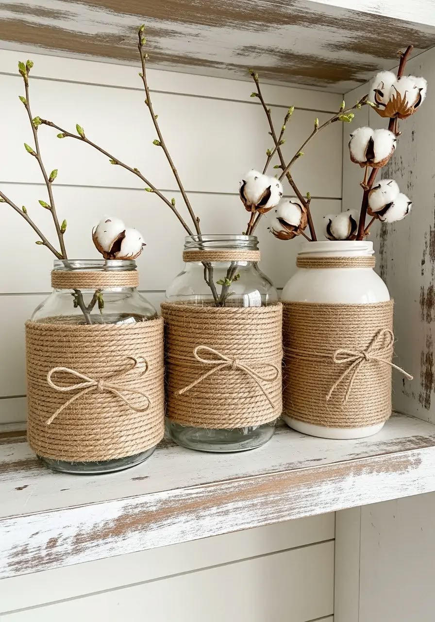 Three jute-wrapped Mason jars holding cotton stems and budding branches on a shelf