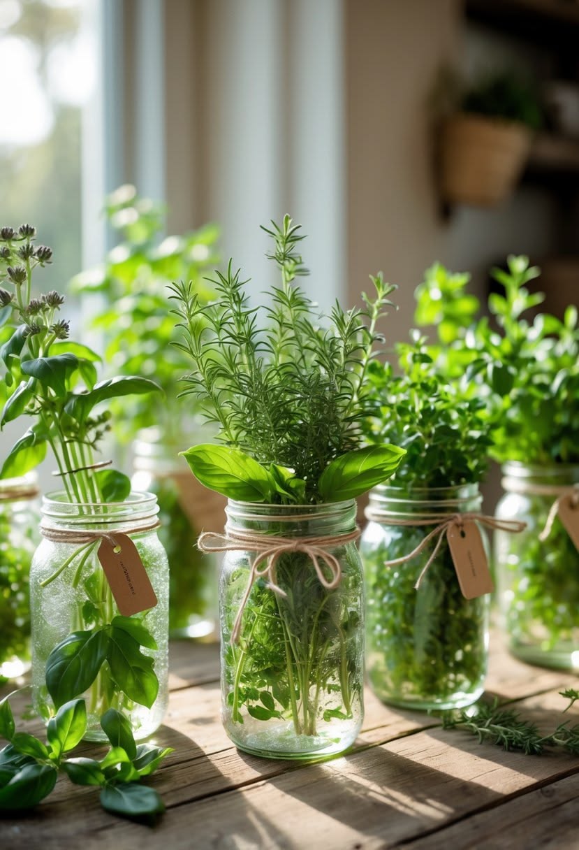 Fresh basil, rosemary and thyme growing in Mason jars tied with twine on a sunlit table