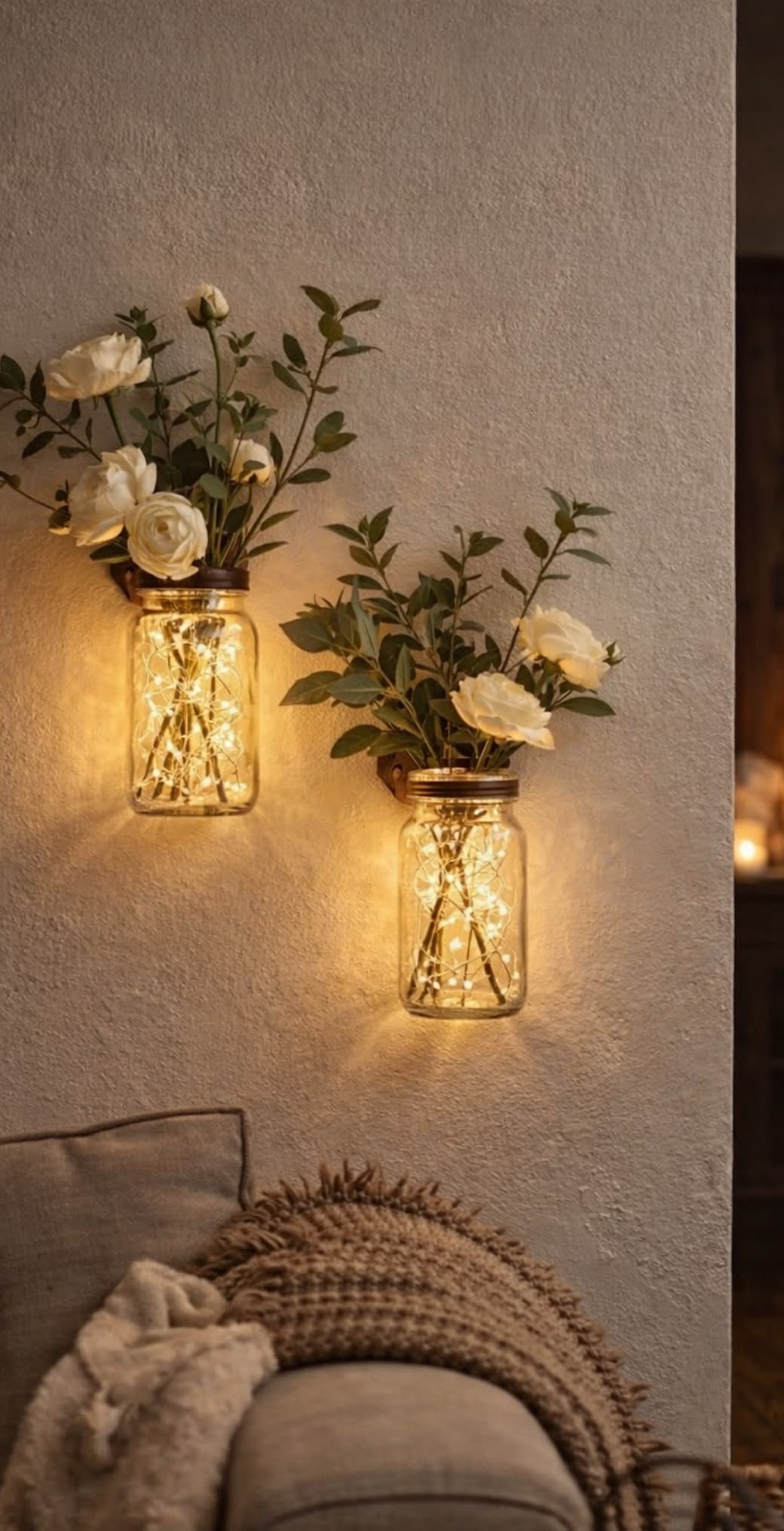 Mason jars styled as wall-mounted sconces with fairy lights and flowers