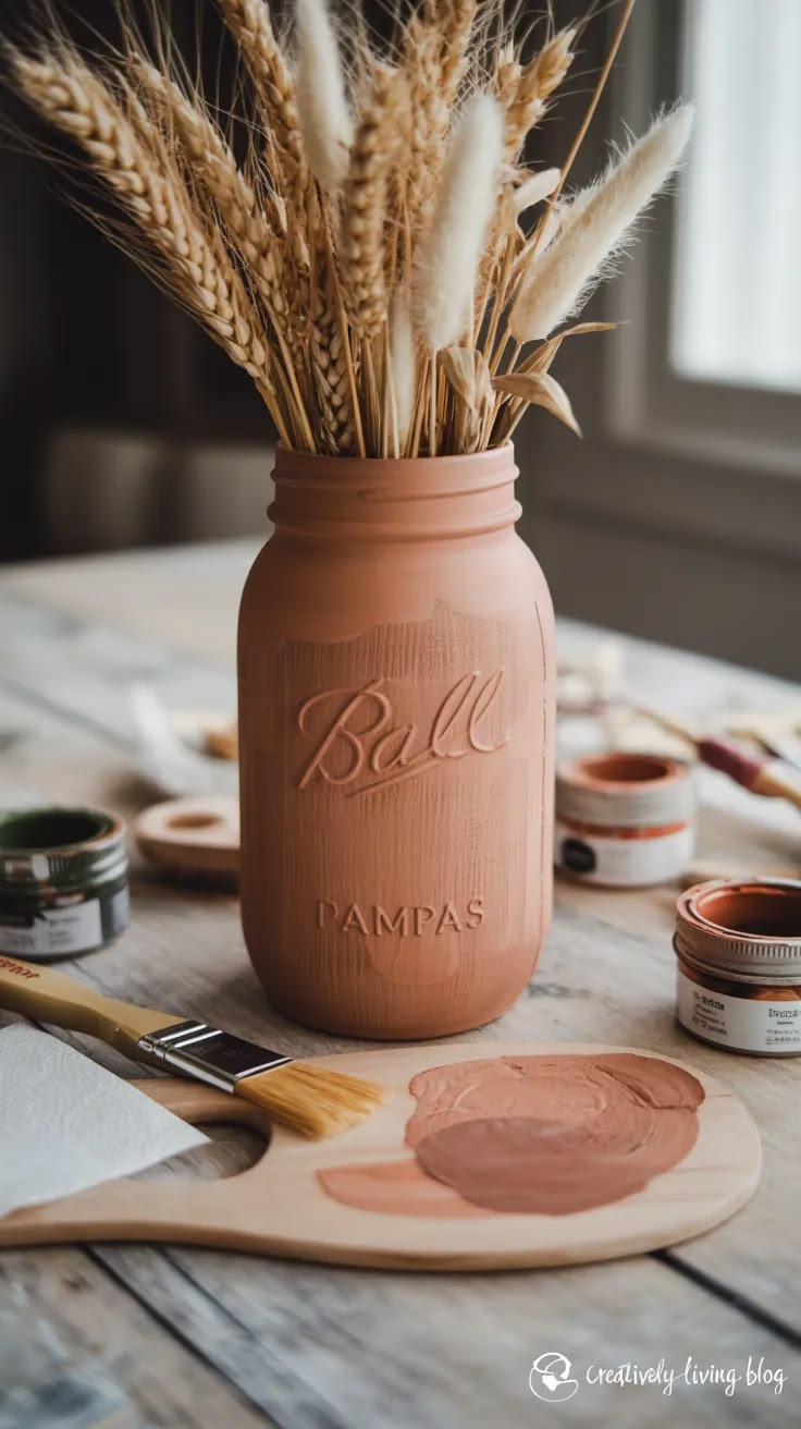 Painted Mason jar styled as a candle holder