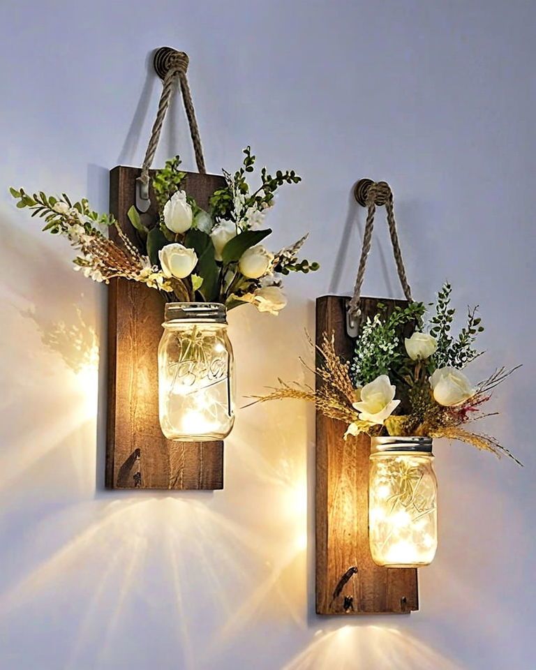 Farmhouse wall sconces made from Mason jars against a rustic wood wall