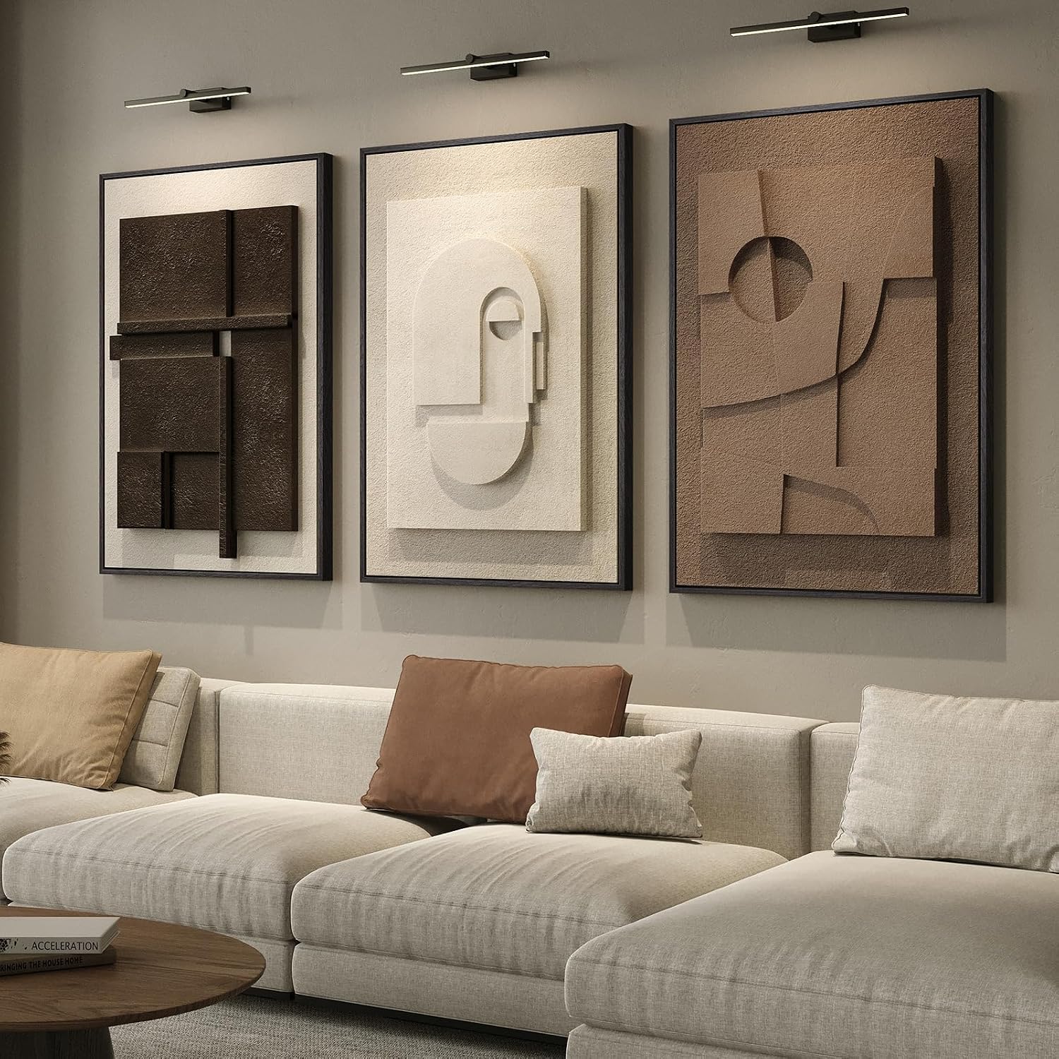 3D Large Framed Brown Abstract Wall Art for Living Room, 3 Piece, 24 x 36 Inch