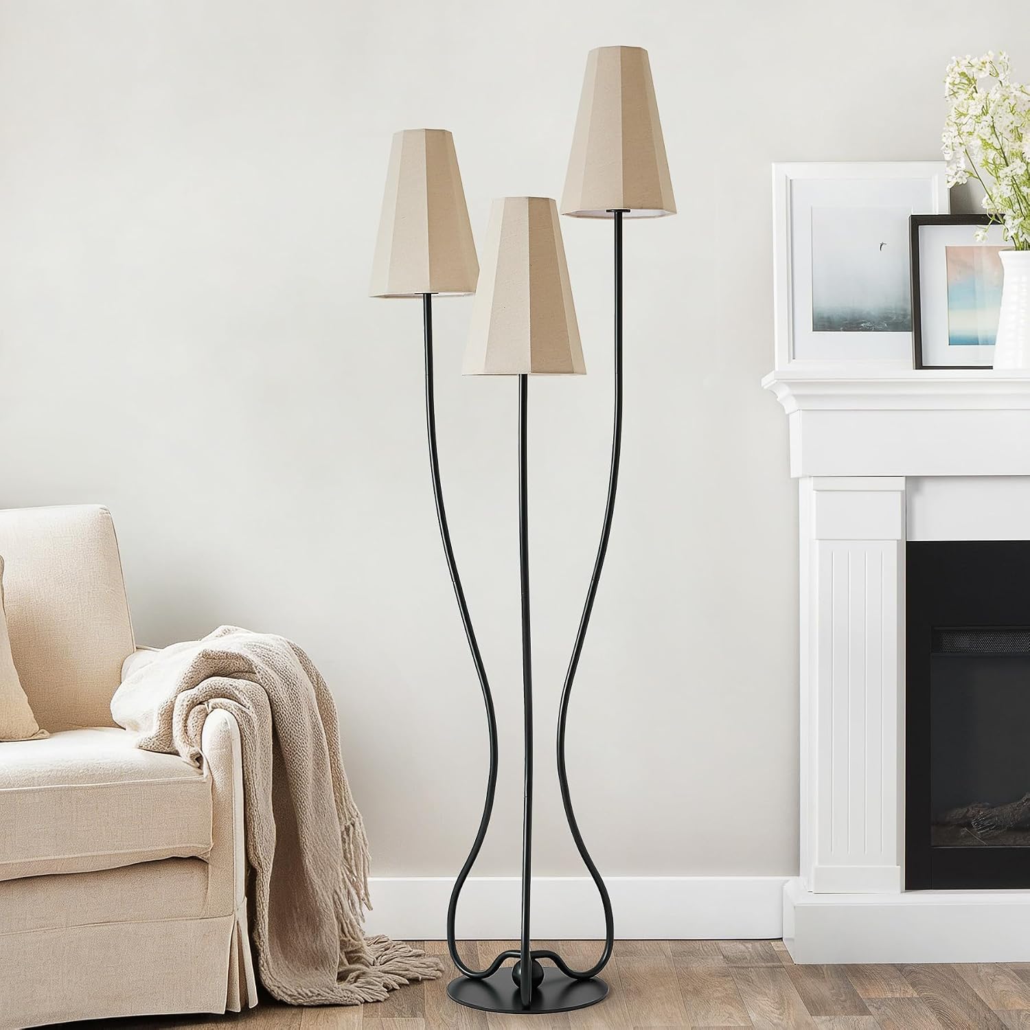 ZenGlimmer Artistic Vintage Floor Lamp, 3-Light Sculptural Curved Iron Base