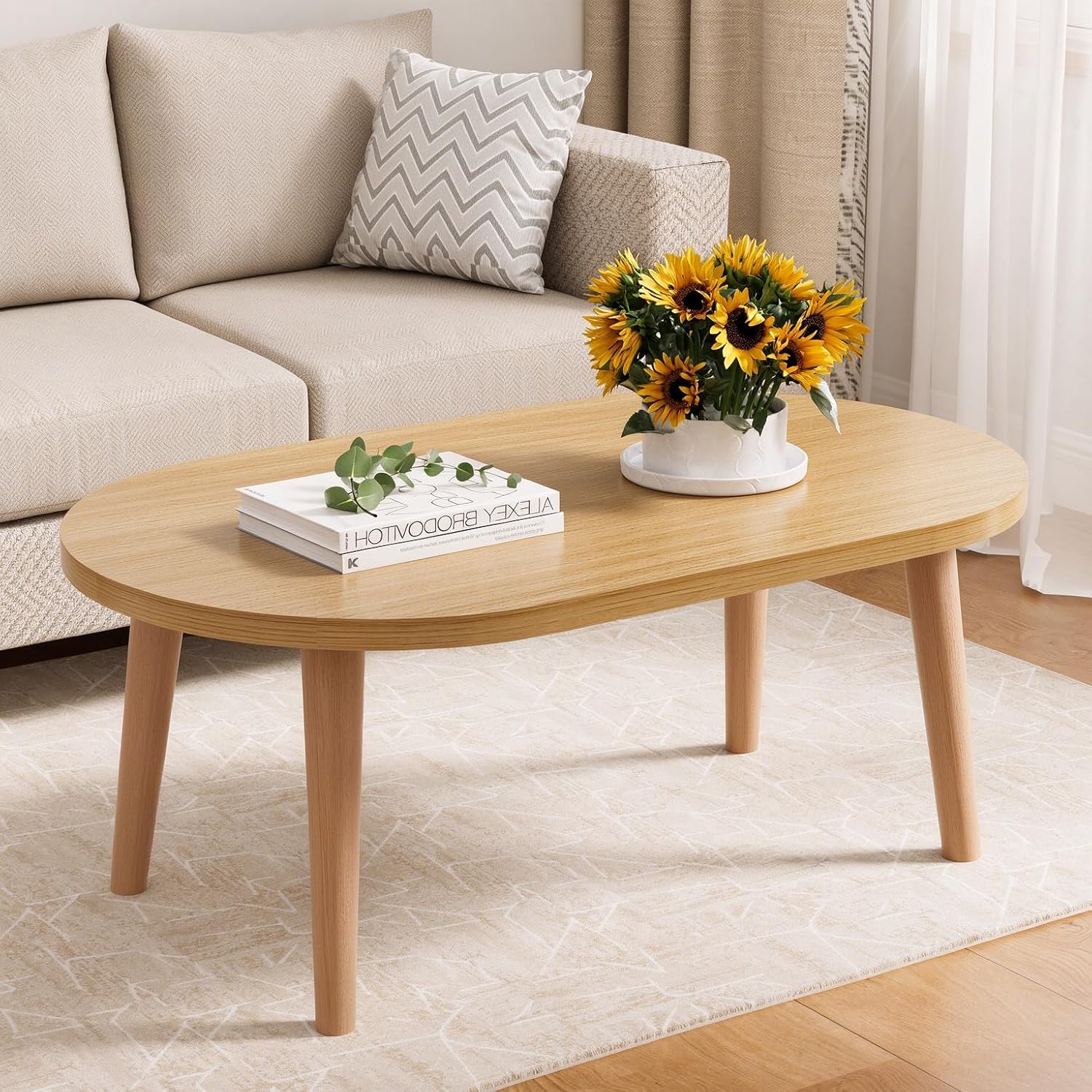 Small Oval Coffee Table, Low Table with Solid Wood Legs, 23.6 Inch