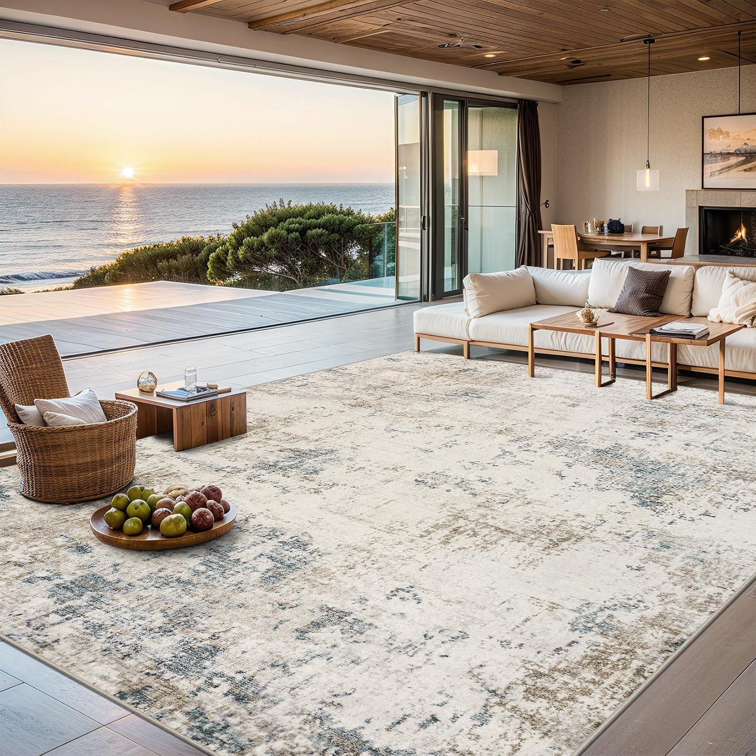 8 x 10 Modern Abstract Washable Area Rug, Beige, for Living Room