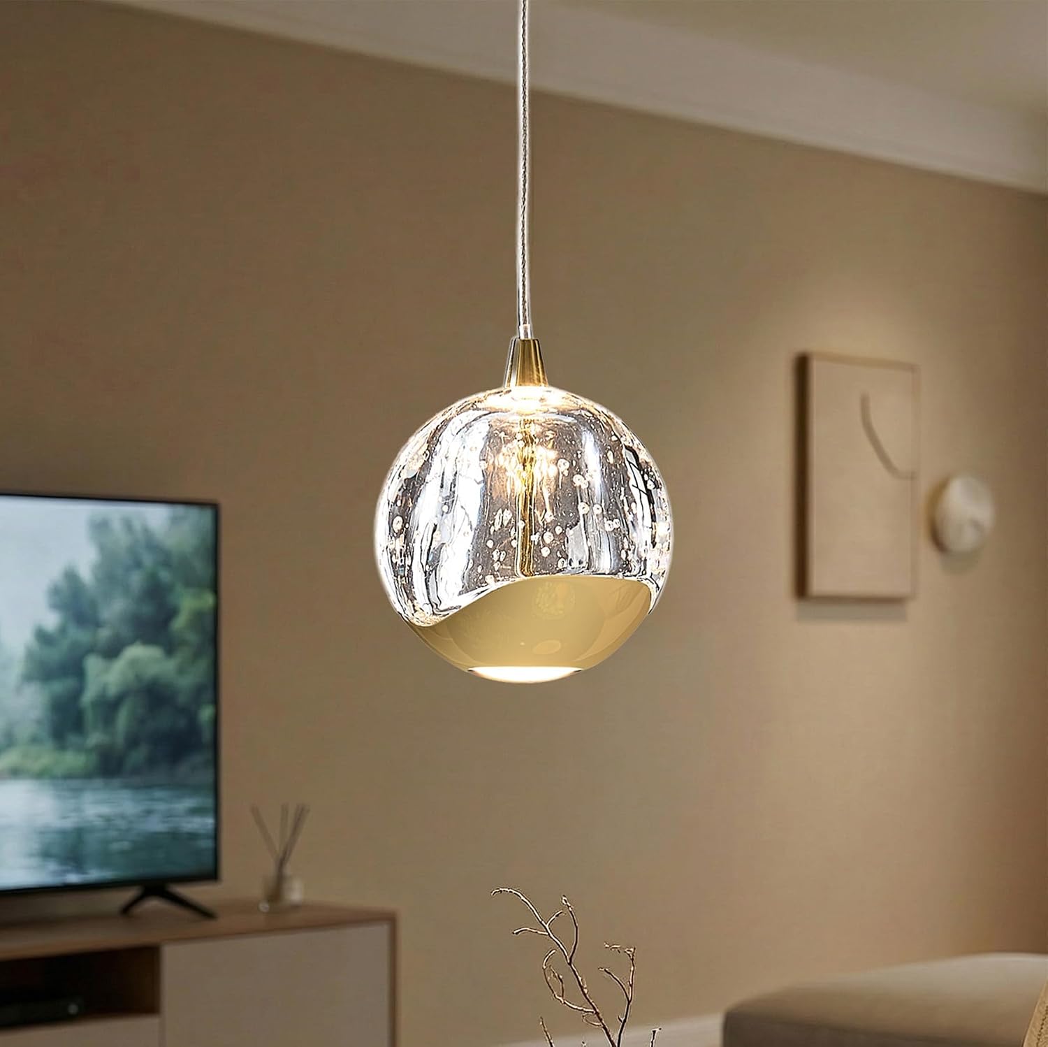 Modern Gold Single Pendant Light with Bubble Glass, Small Globe