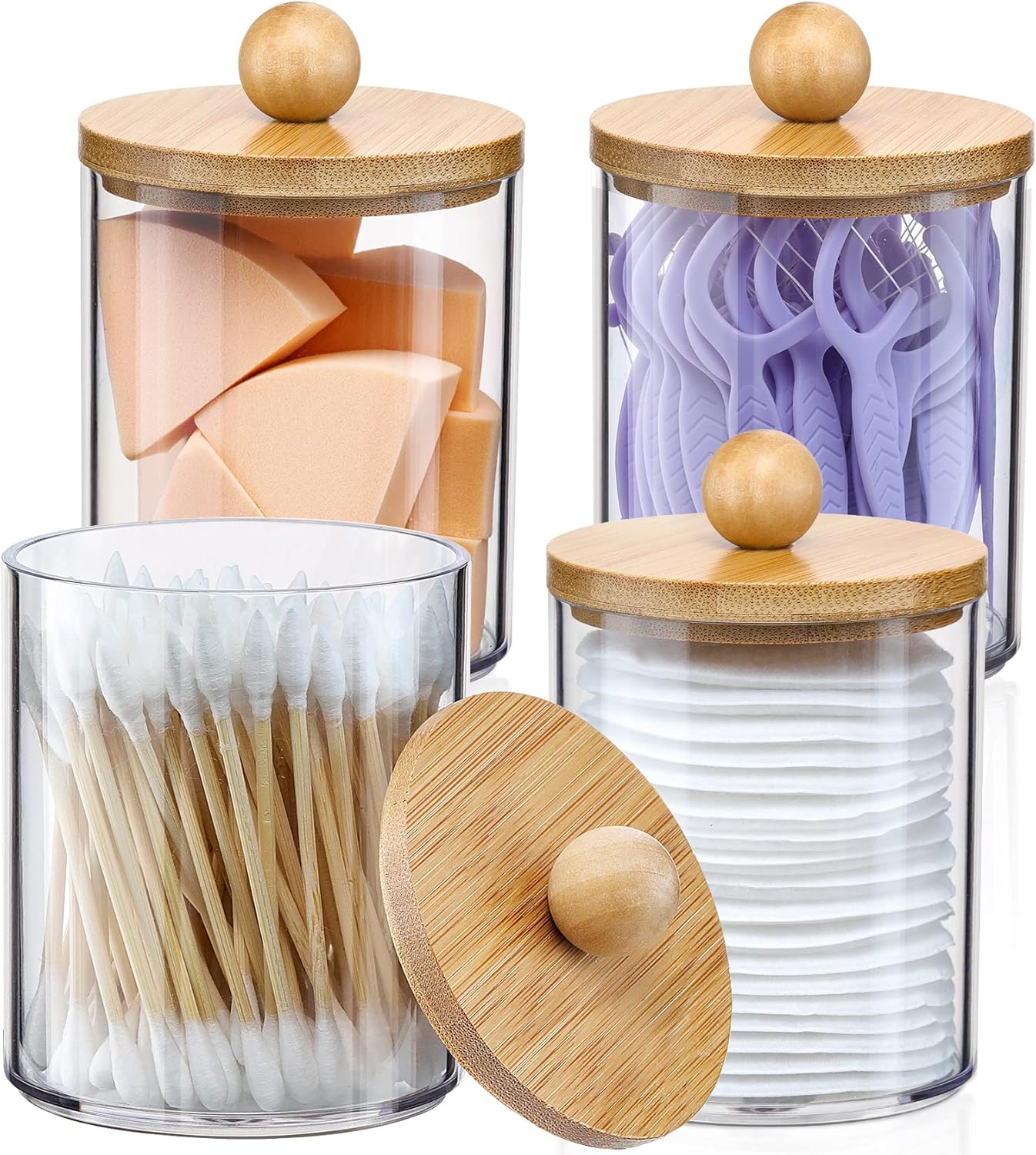 Qtip Holder Dispenser Set, 4 Pack, Clear Apothecary Jars with Bamboo Lids, 10 Oz