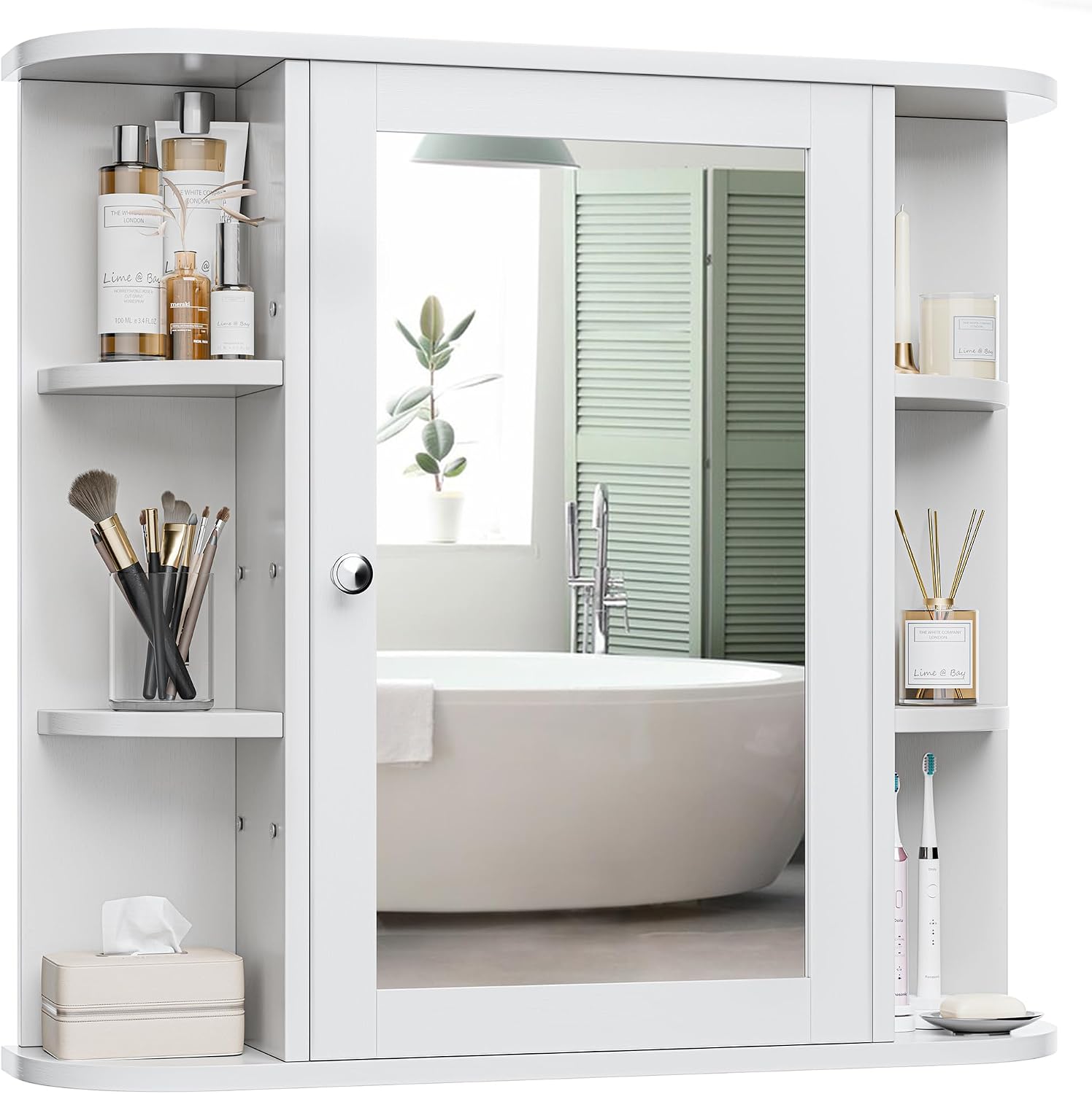 Wall Mounted Bathroom Medicine Cabinet with Mirror and 6 Open Side Shelves, White