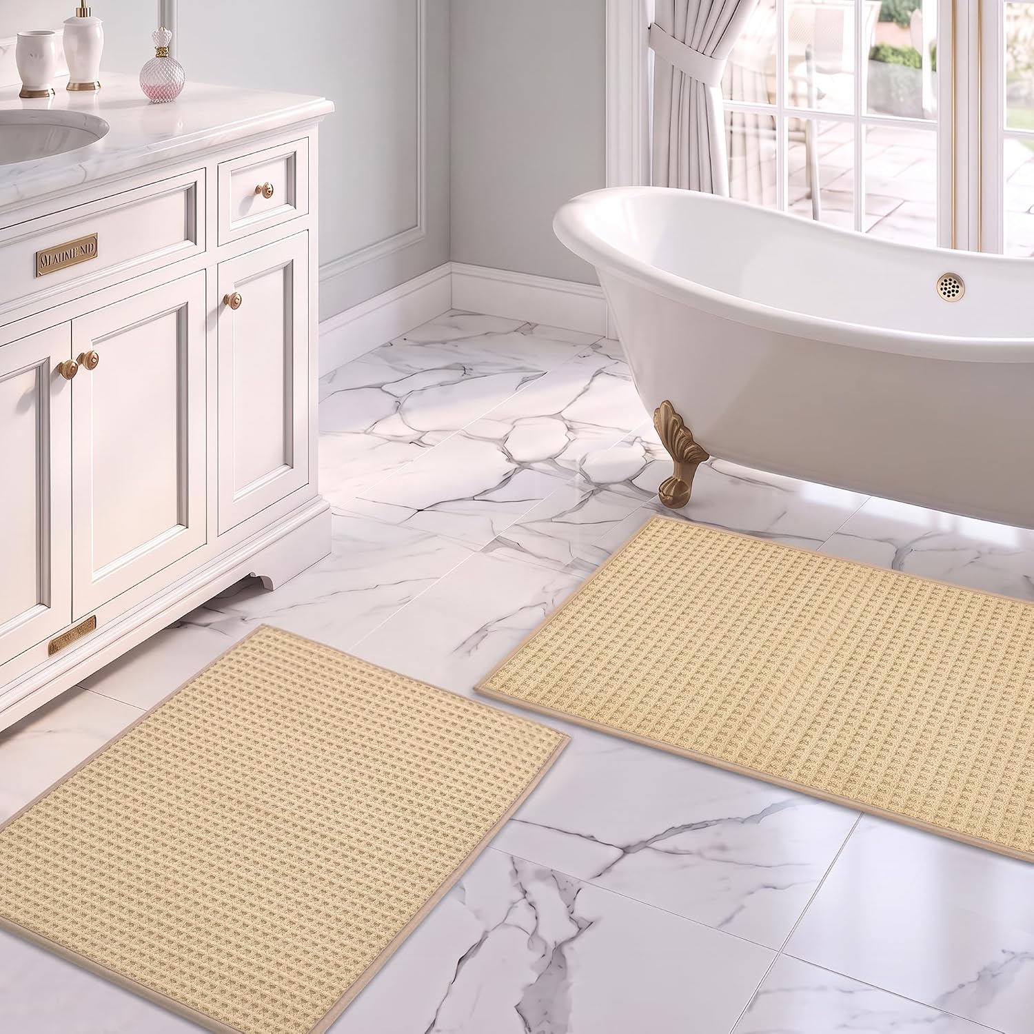 DWCN Waffle Bathroom Rugs, Set of 2, Non-Slip, Brown