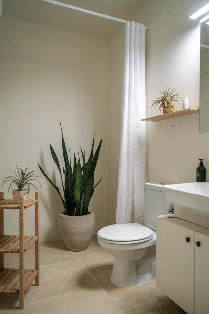 A single plant adding life to a minimalist bathroom