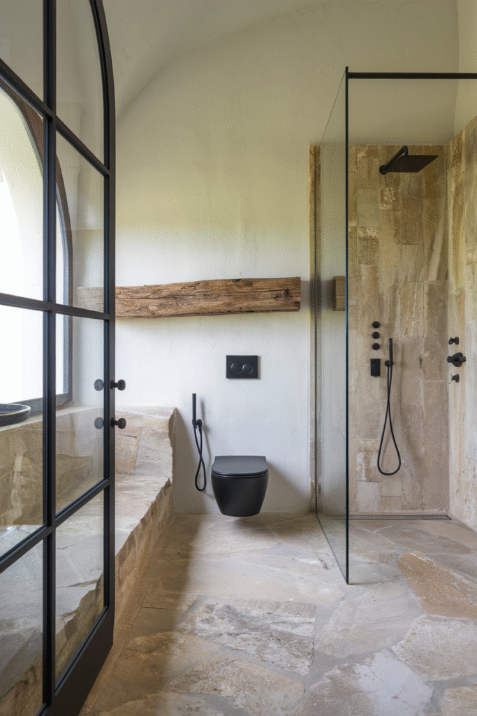 Natural materials bringing warmth to a minimalist bathroom
