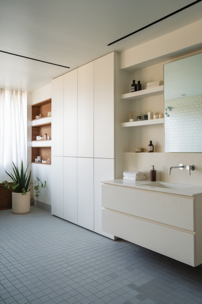 Smart concealed storage maintaining a clutter-free minimalist bathroom