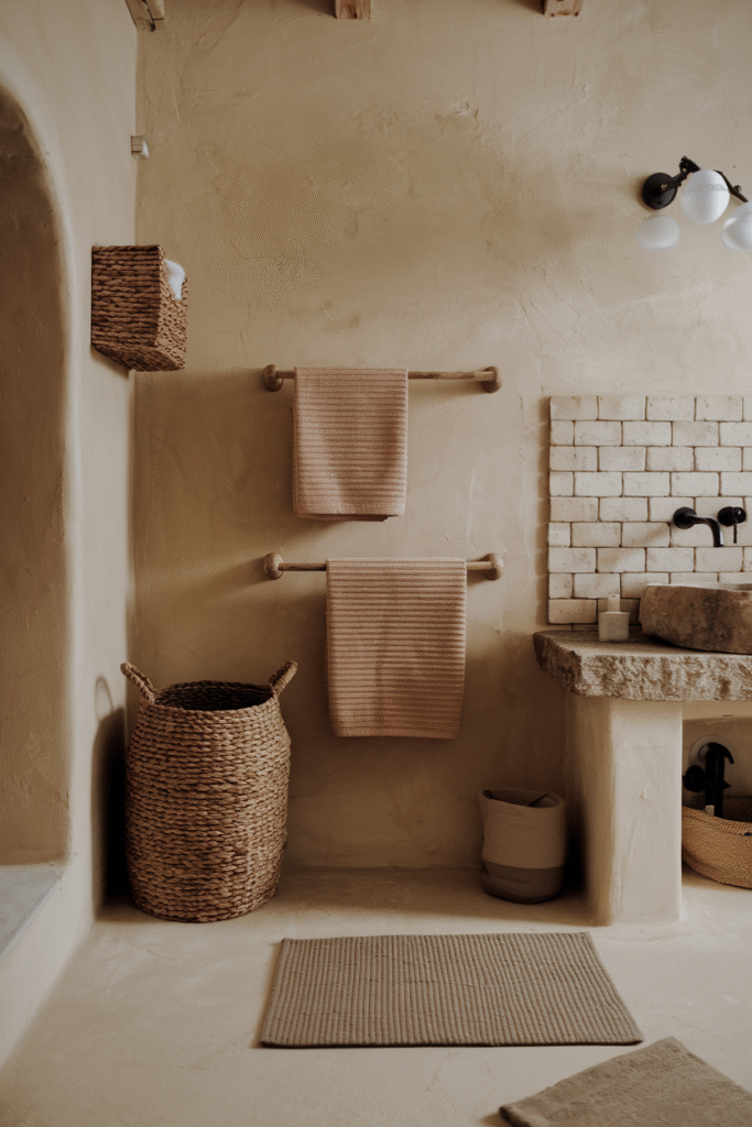Textured elements adding depth to a minimalist bathroom
