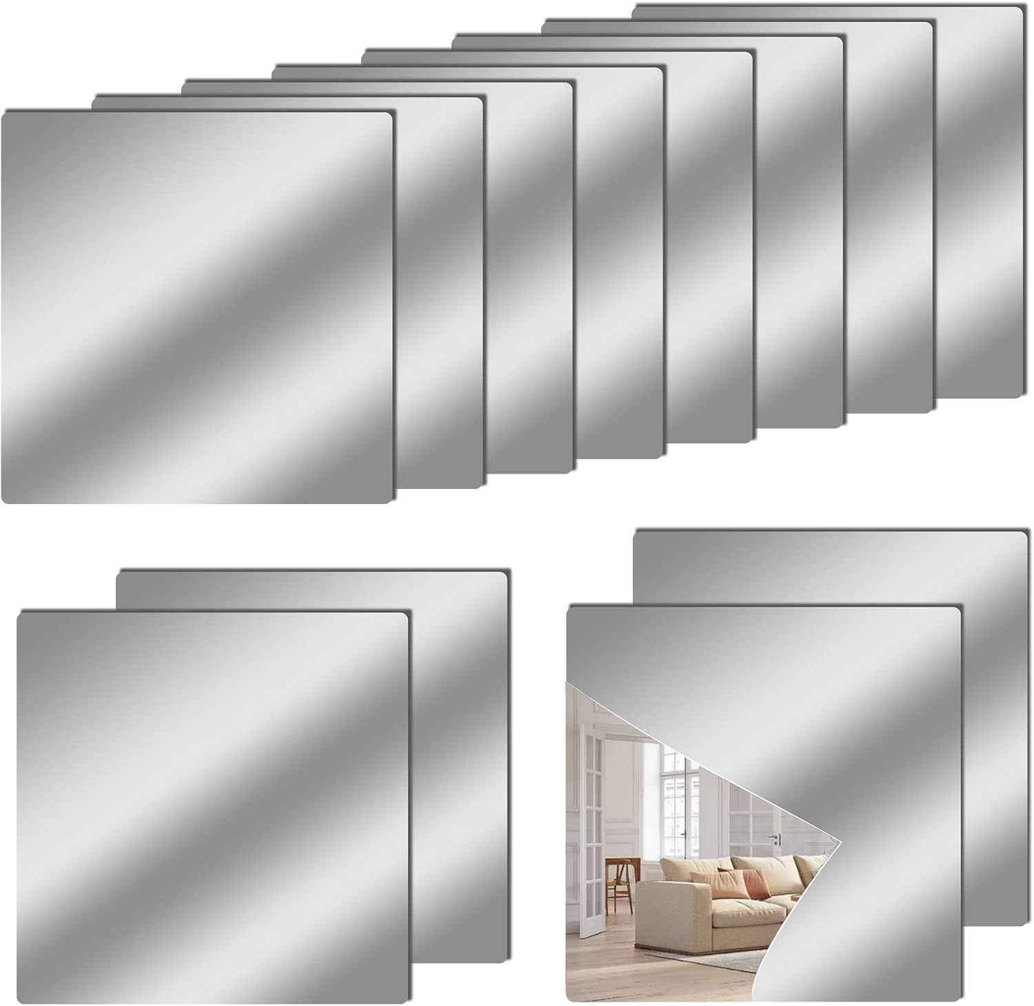 Acrylic Flexible Mirror Sheets, 12 Pack, 12 x 12 Inch, Self-Adhesive Tiles
