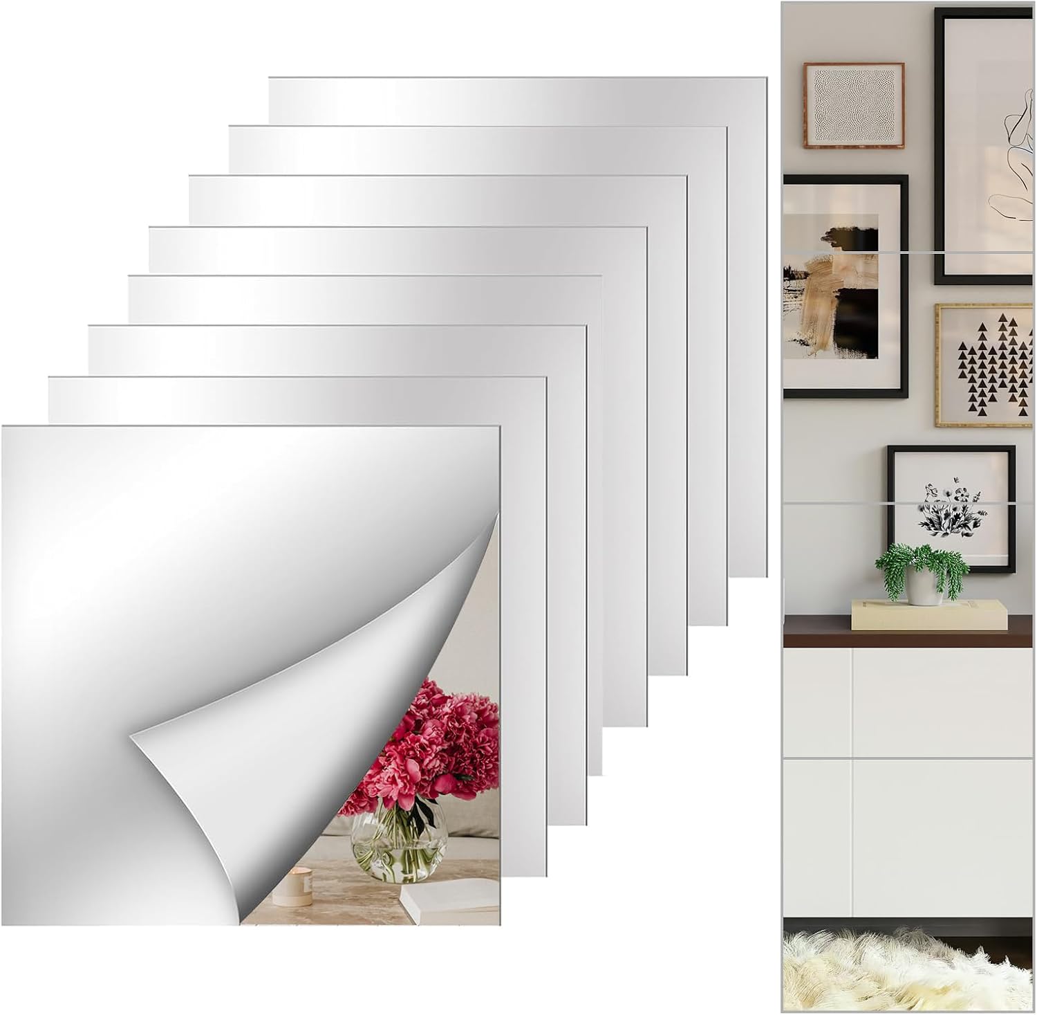 Acrylic Mirror Stickers, 8 Pack, 12 x 12 Inch, Self-Adhesive Flexible Plastic