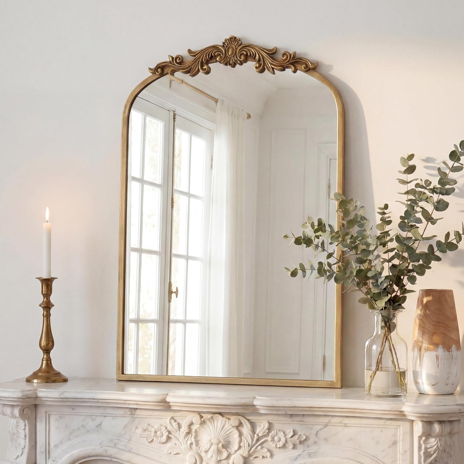 PERFNIQUE Vintage Gold Arched Antique Baroque Wall Mirror, 35 x 24 Inch