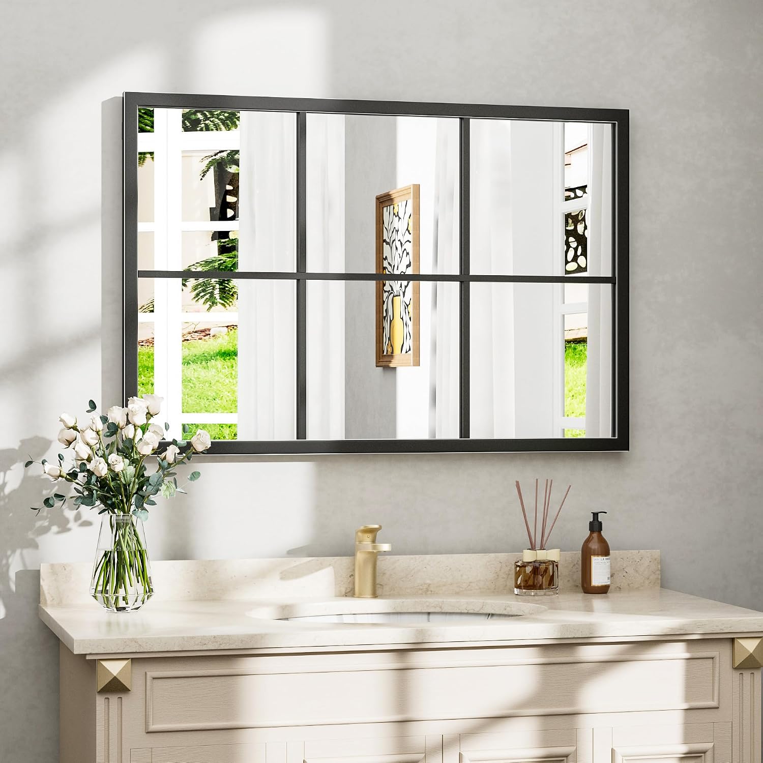 Dewfig Windowpane Rectangle Wall Mirror, 36 x 24 Inch, Black Metal Frame