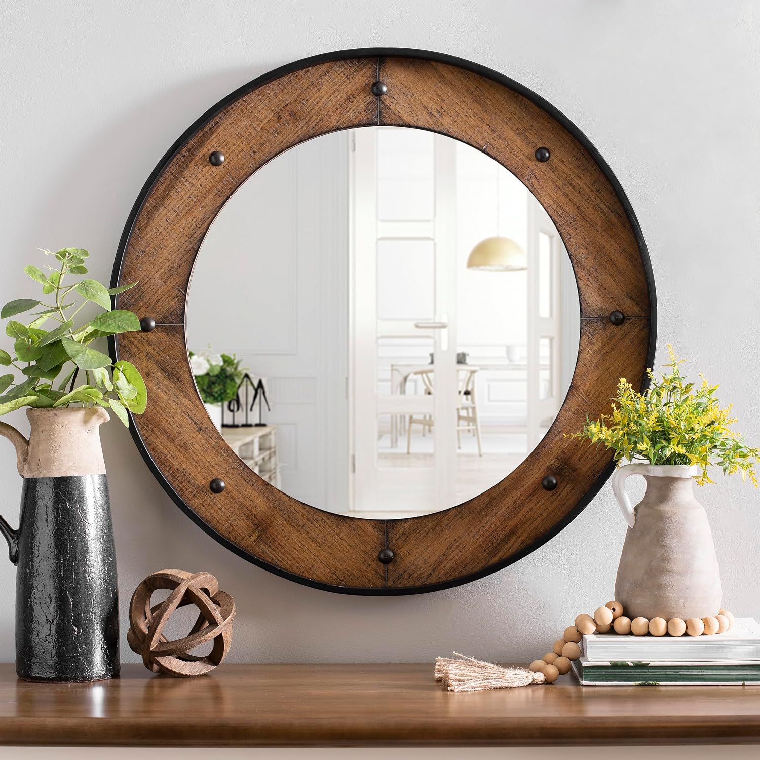 Rustic Round Wall Mirror, 24 Inch, Natural Wood Frame with Black Metal Trim