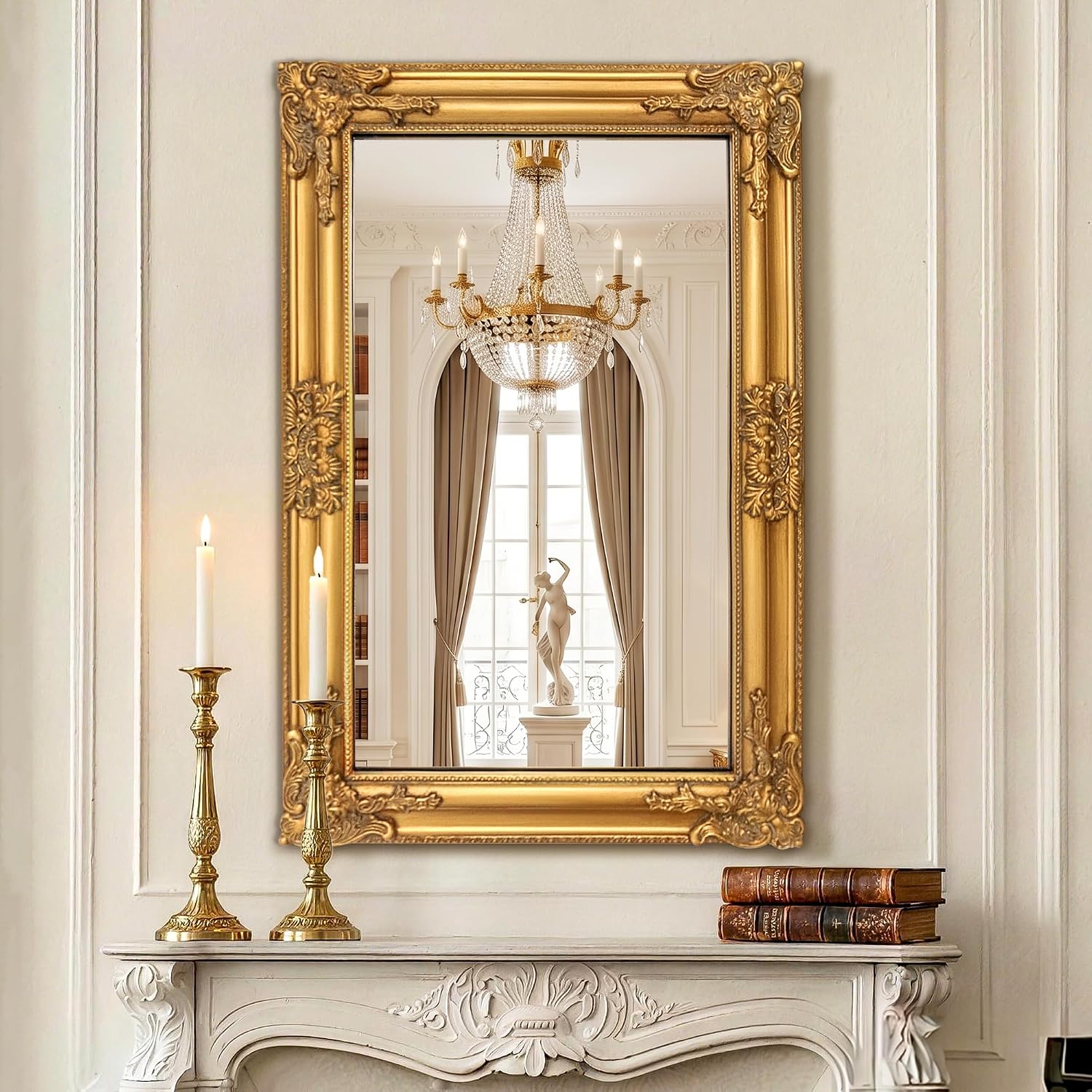FICTOR Vintage Antique Gold Baroque Wall Mirror, 24 x 36 Inch