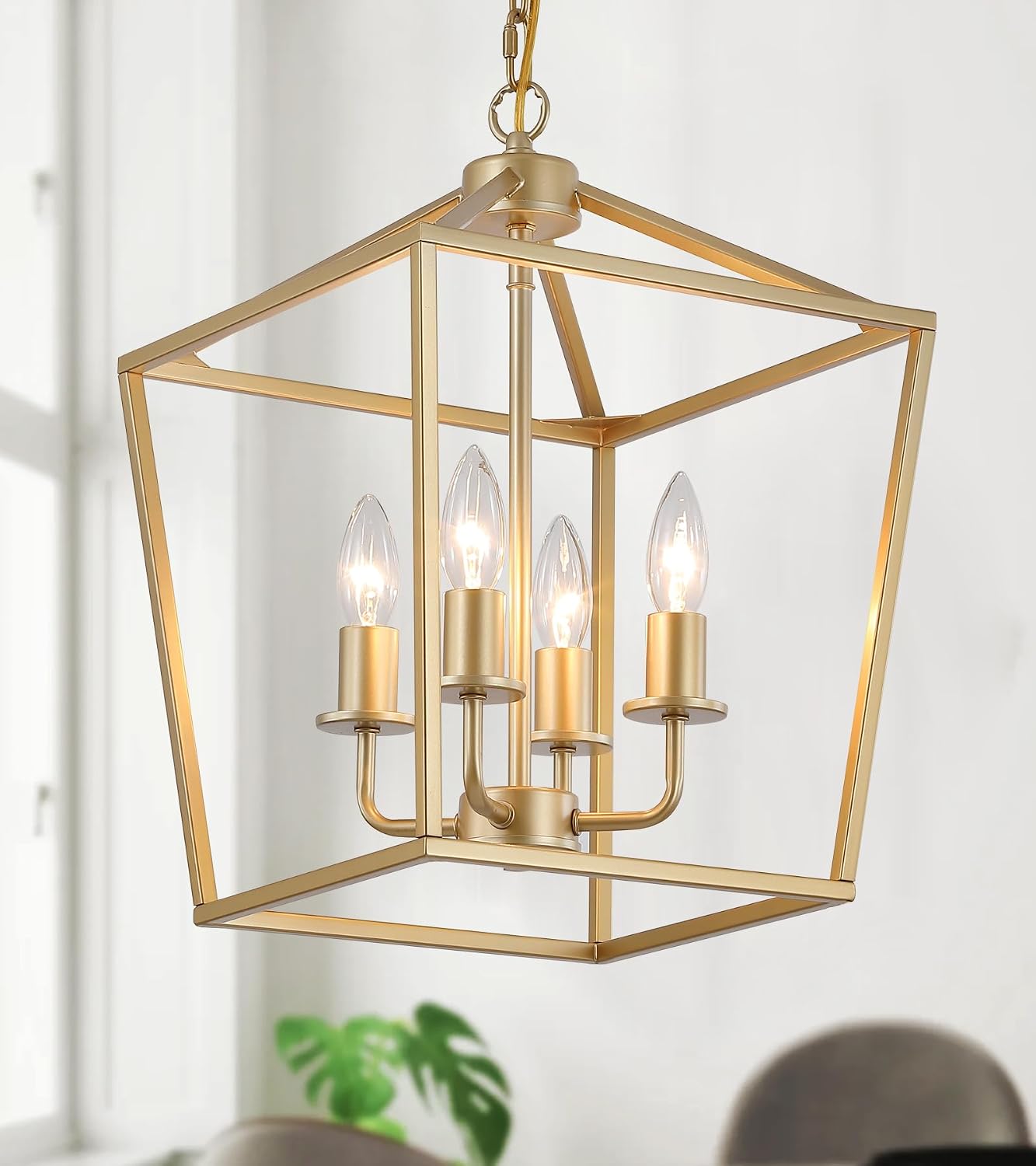 Industrial 4-Light Gold Lantern Chandelier with Rustic Metal Cage, Adjustable