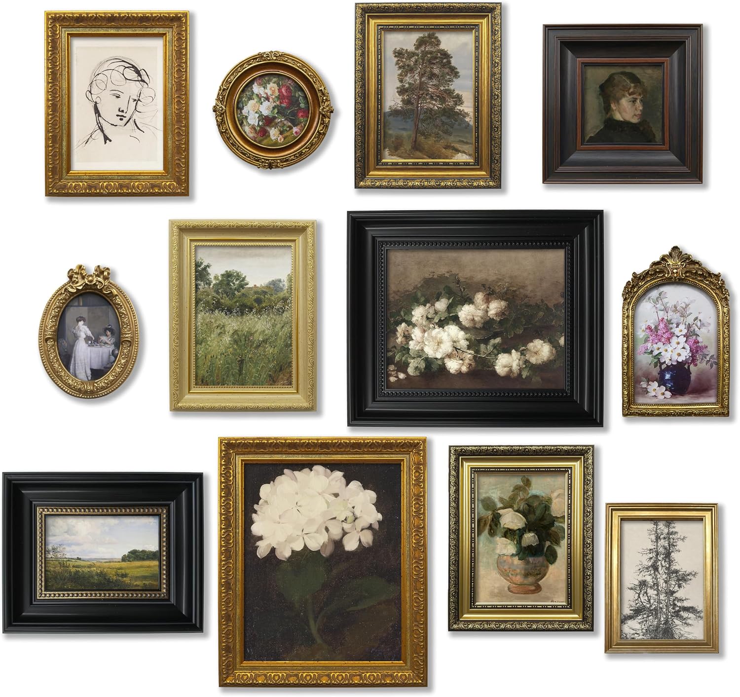 TwoDays Vintage Picture Frame Set, Antique Gold and Brass, 12 Pieces