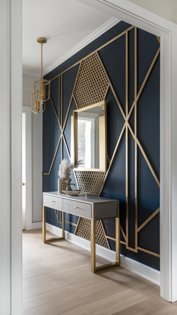 Entryway with a dramatic navy accent wall featuring gold geometric paneling, a gold-framed mirror and a two-drawer console table