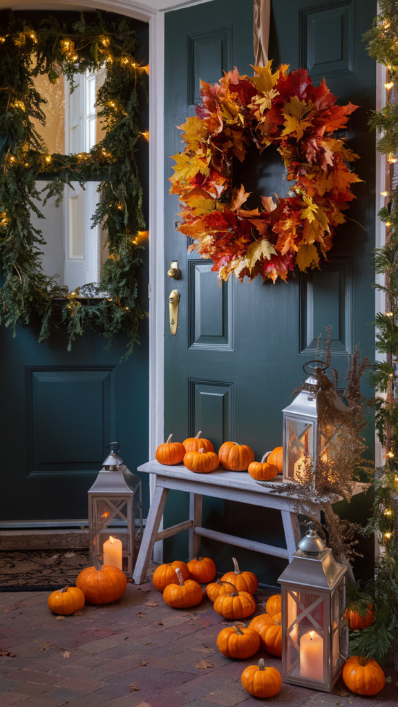Front door decorated with an autumn leaf wreath, string lights, pumpkins and lit lanterns on a wood bench