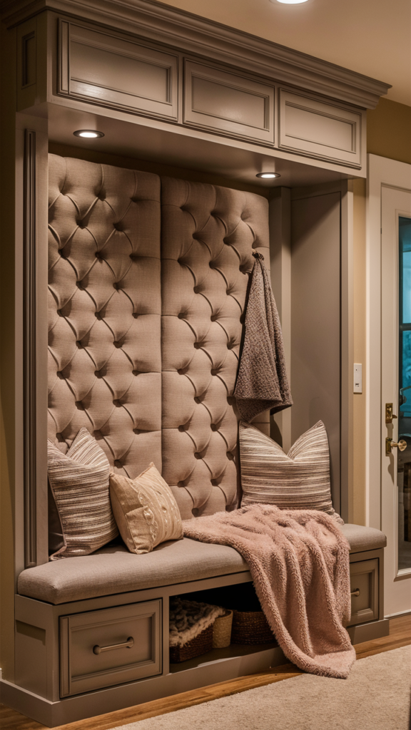 Built-in entryway storage bench with tufted upholstered back, hooks, a hanging towel and storage drawers with baskets underneath