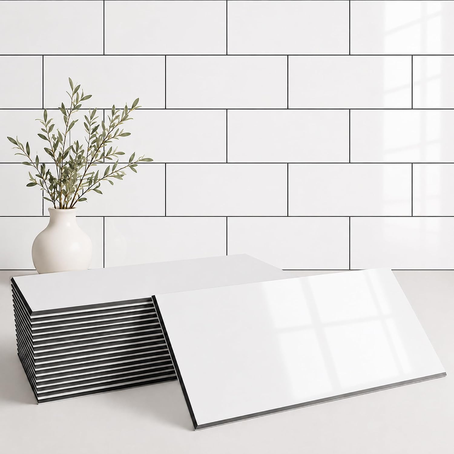 StyloVue Peel and Stick Backsplash, 100 Pieces, 3 x 6 Inch PVC Subway Tile, Glossy White