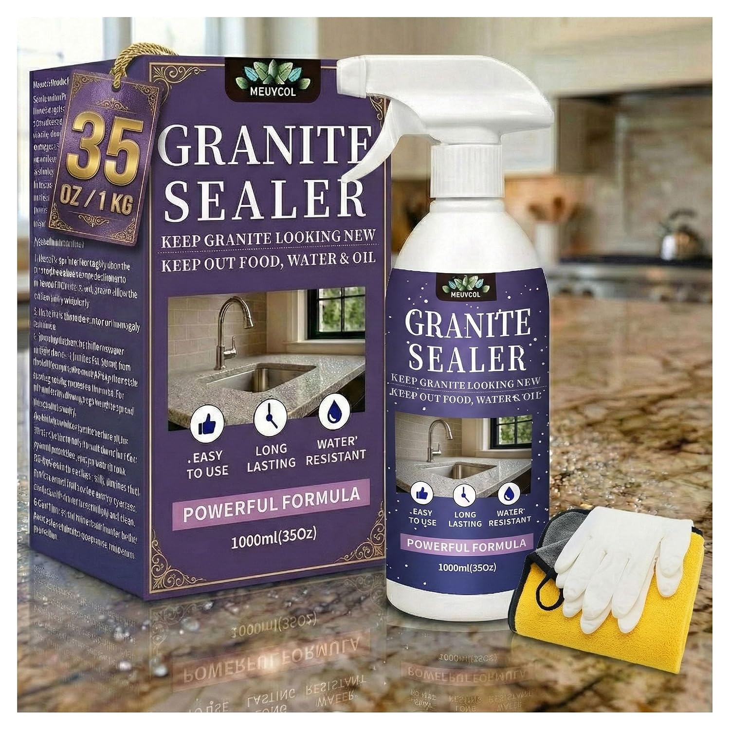 Meuvcol Granite Sealer and Protector Spray, 35 Oz, for Quartz, Marble and Stone