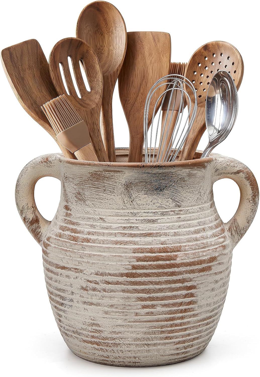Rustic Ceramic Utensil Holder for Kitchen Counter, Farmhouse Cooking Utensil Crock
