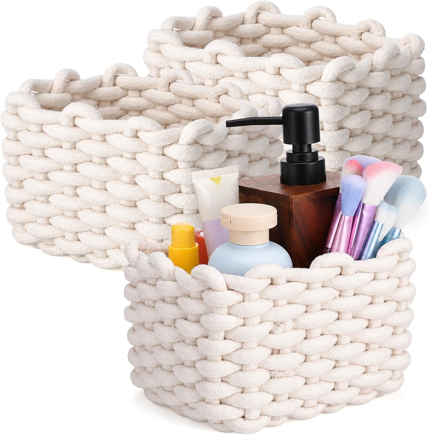 Small Cotton Rope Baskets, 3 Pack, White Woven Storage Bins