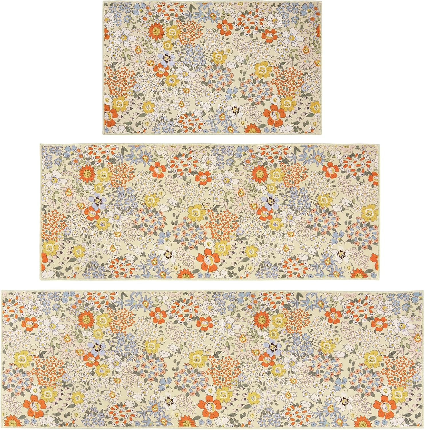 Floral Non-Slip Washable Kitchen Rugs, 3 Pcs, Absorbent Soft Faux Wool Mats
