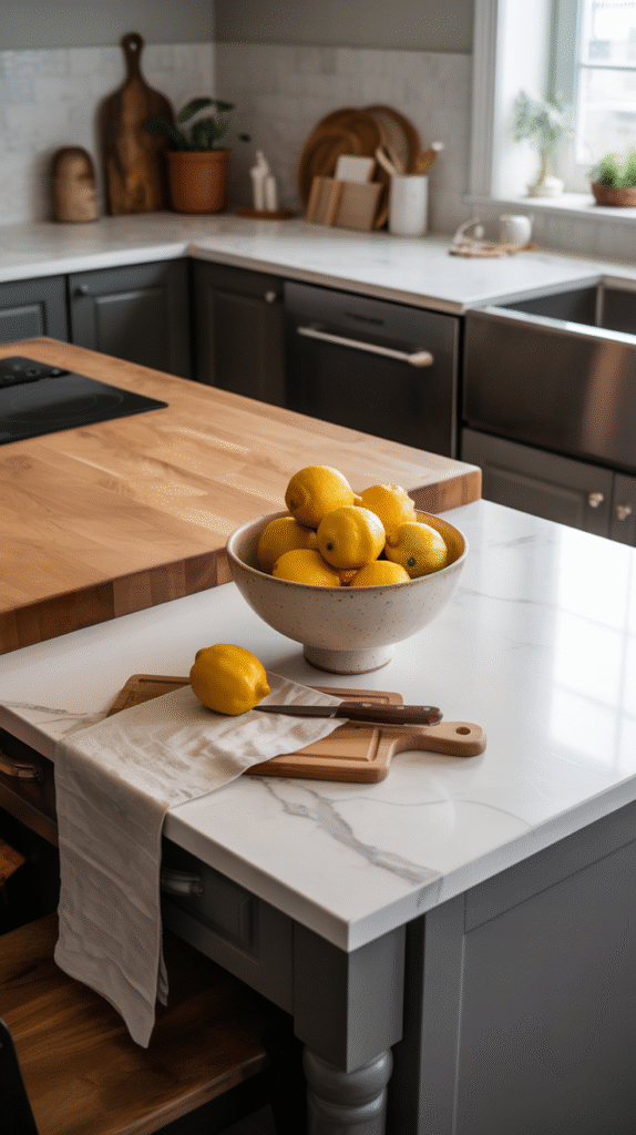Farmhouse-style countertops completing the kitchen's cohesive look