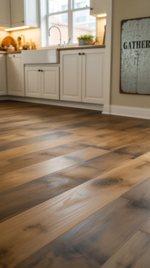 Wide-plank flooring grounding the farmhouse kitchen aesthetic