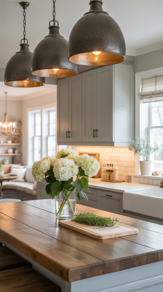 Statement lighting adding mood and farmhouse style to the kitchen