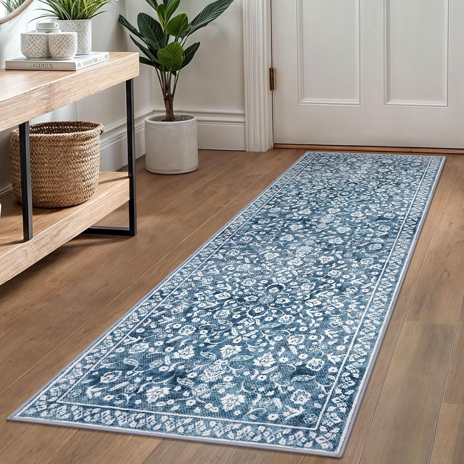 Washable Vintage Blue Runner Rug, 2 x 6 Ft, Non-Slip, for Hallway and Kitchen