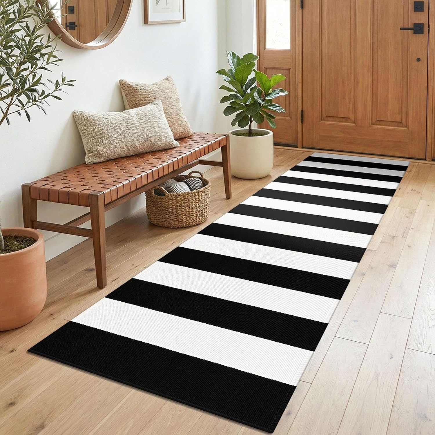 KOZYFLY Black and White Striped Runner Rug, 2 x 6 Ft, Woven Washable