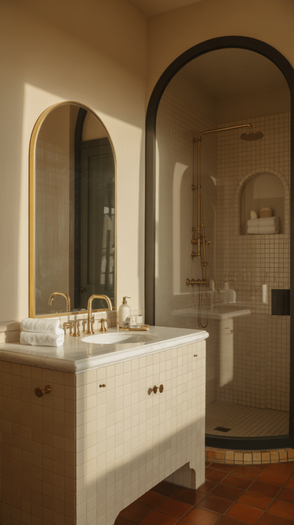 Arched mirror and architectural details in a Spanish-style bathroom