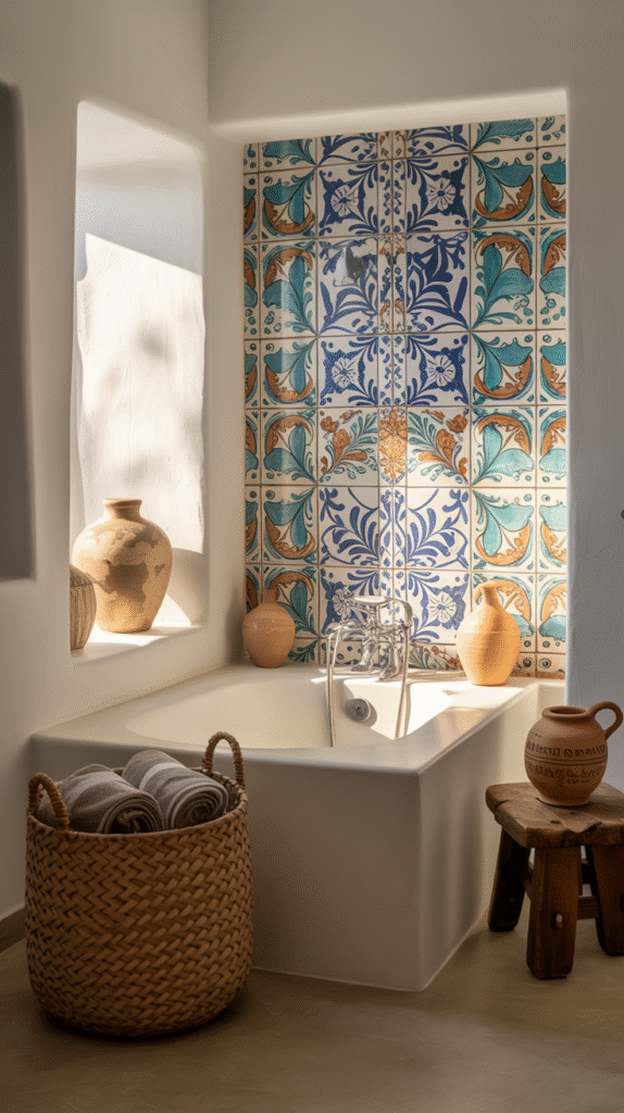 Handcrafted artisanal accents including woven baskets and ceramic tile
