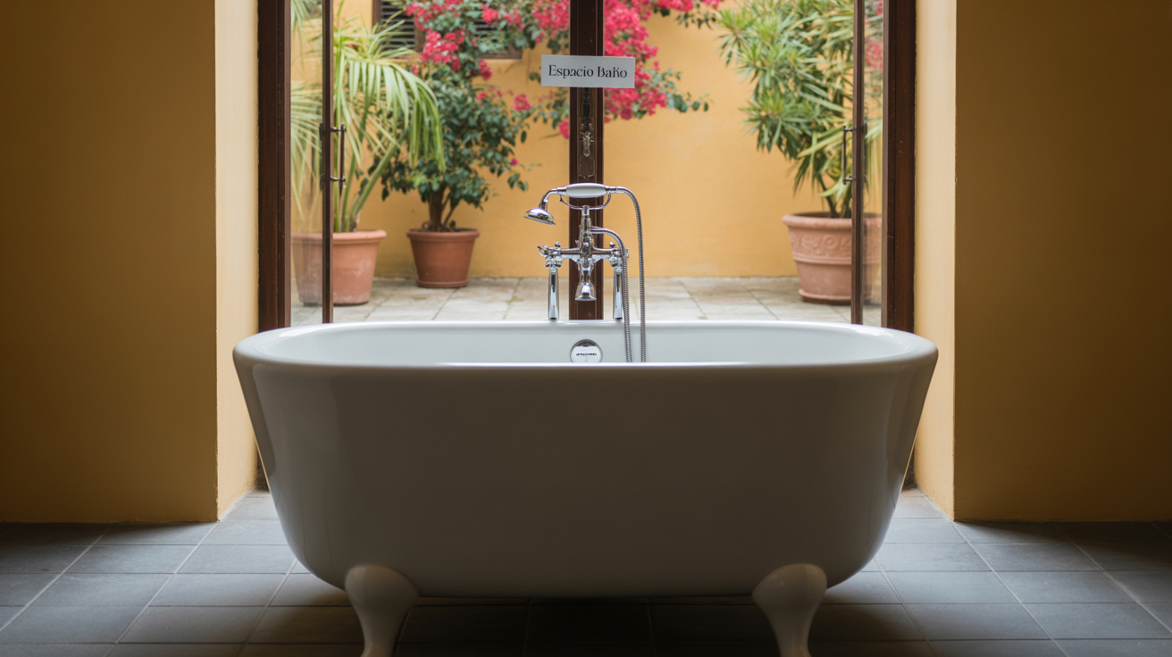 Freestanding tub in front of French doors opening to a Spanish-style courtyard