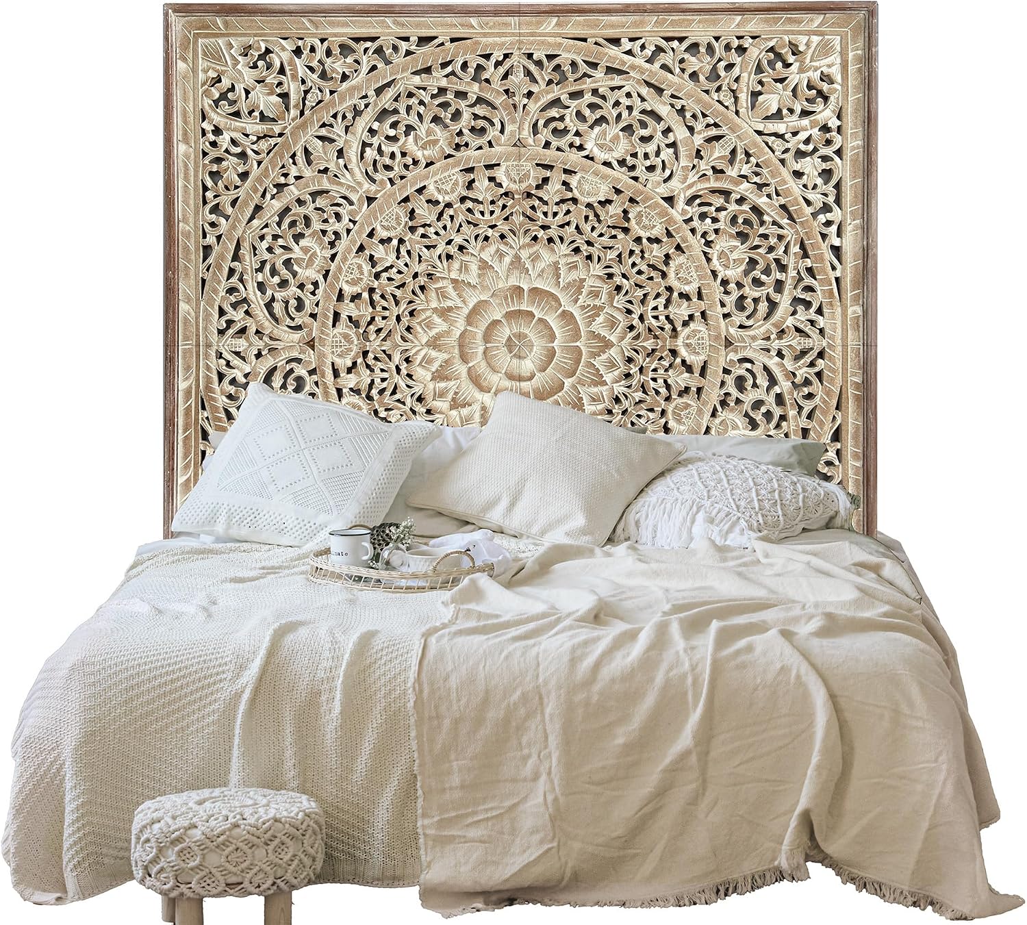 Manusa Antic Custom Engraved Wood Headboard Panel, Hand Carved Mandala Style