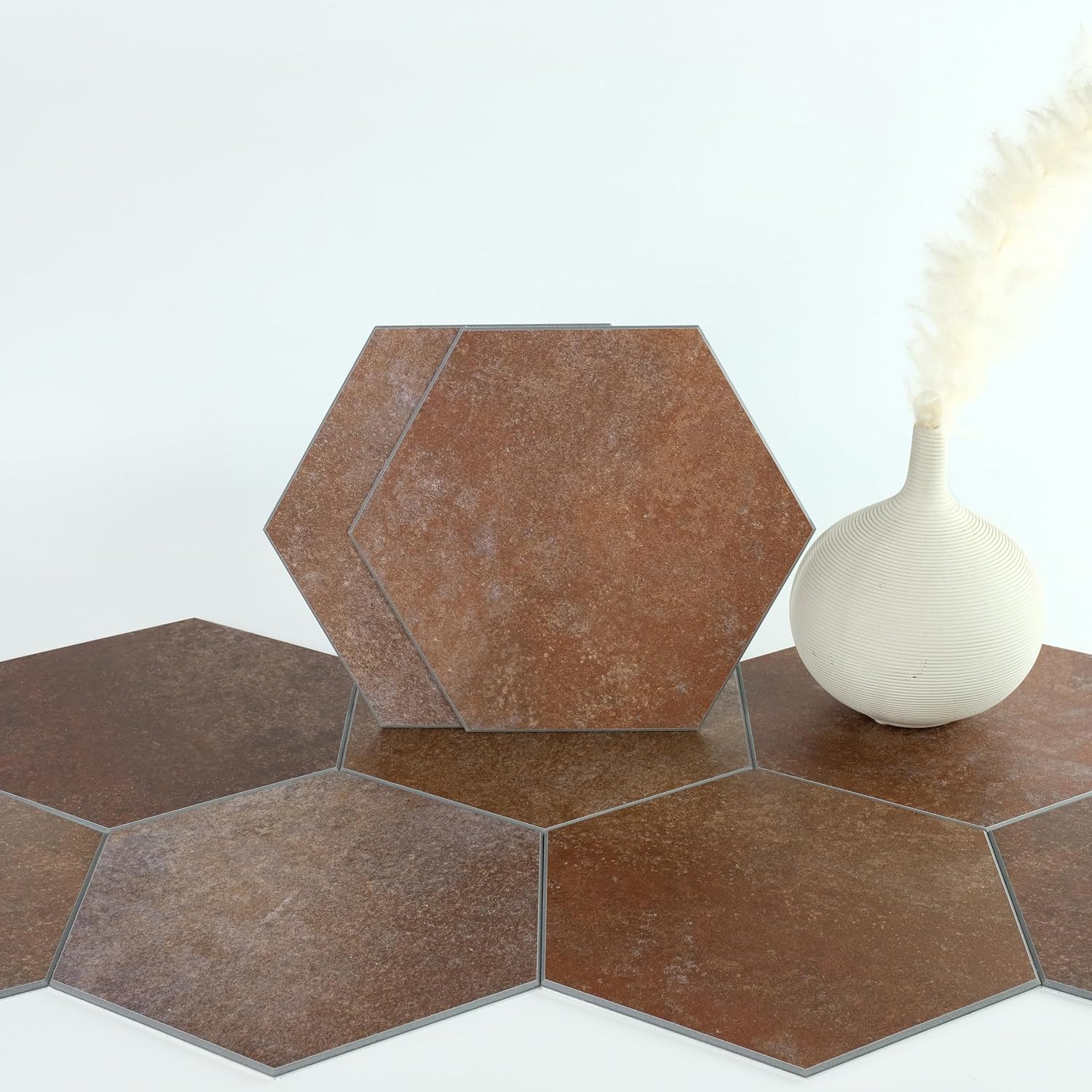 W and S Hexagon Peel and Stick Floor Tile, 24 Sheets, Red Brown Terracotta Look